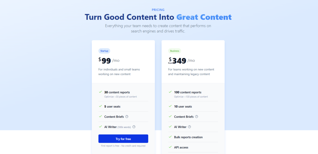 Dashword pricing page showing the Startup Plan and the Business Plan.