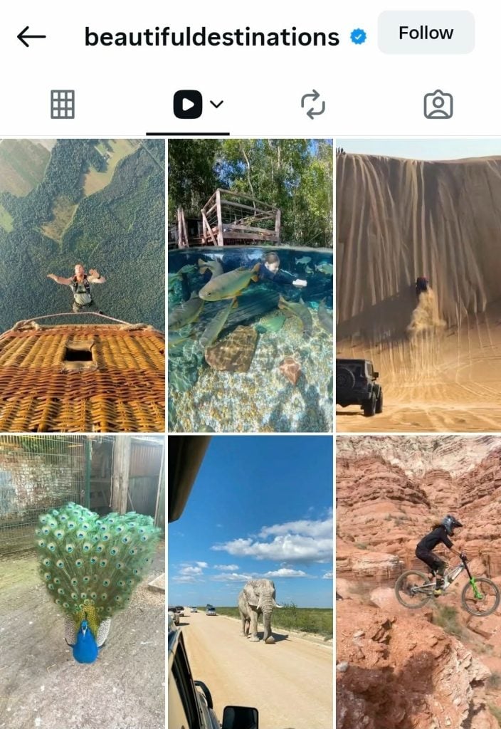 Screenshot of travel Instagram thumbnails from Beautiful Destinations