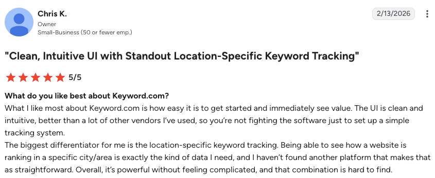 Screenshot of a user’s review for Keyword.com on G2
