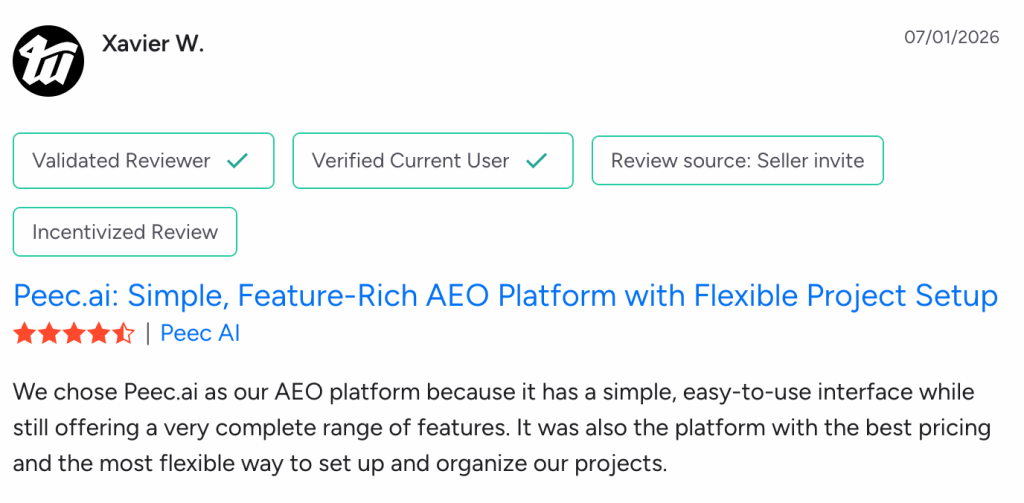 A 4.5-star rated review of Peec AI on G2.