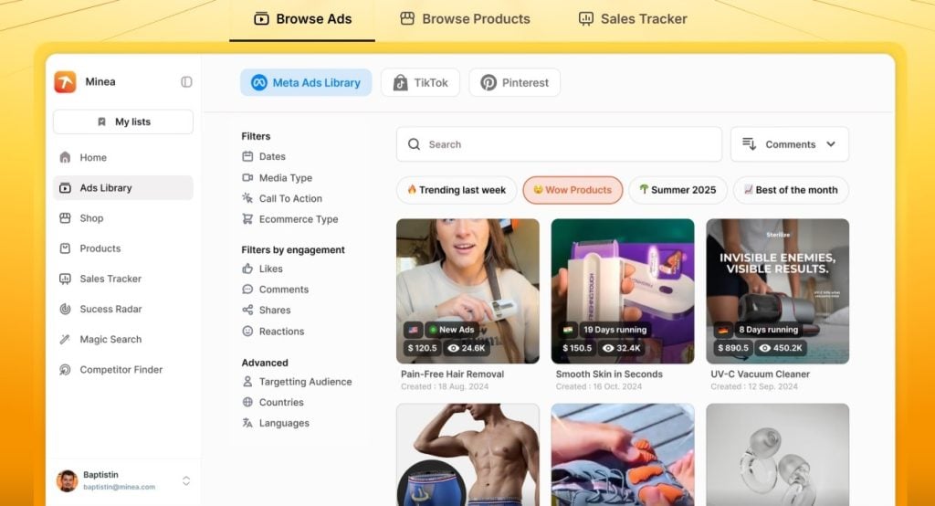 Minea Ads Library displaying Meta ad results with filtering options.