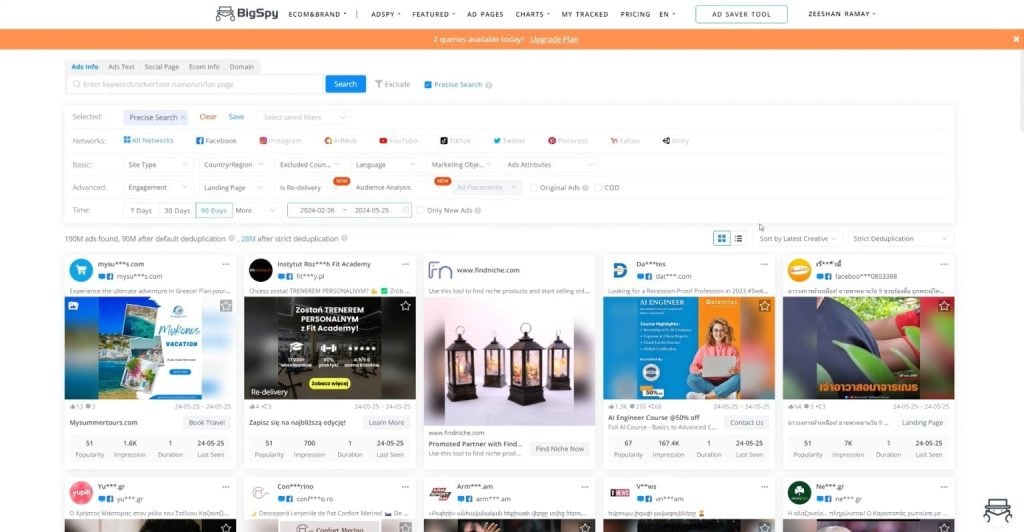 BigSpy dashboard displaying multi-network ad results with filtering options.