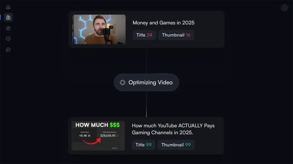 Video thumbnails with title and thumbnail scores linked by vidIQ's "Optimizing Video" processing indicator.