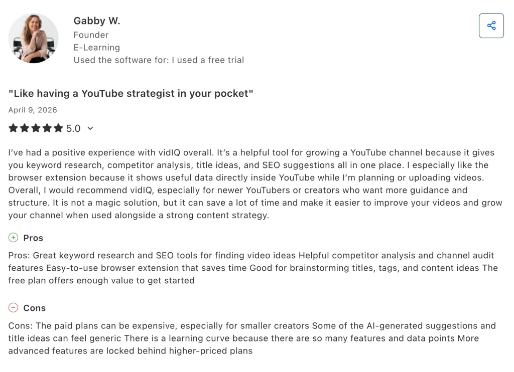 Five-star Capterra review from Gabby W. praising vidIQ as a helpful YouTube growth and SEO tool.