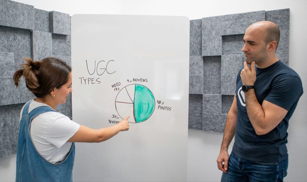 Two marketing professionals analyzing the stats of their UGC