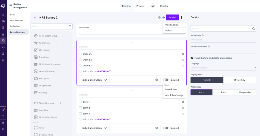 Uberall survey builder interface with question fields, response options, publishing controls, and review management navigation.