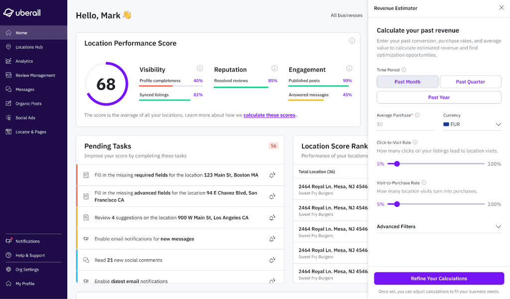 Uberall dashboard displaying location performance, pending tasks, rankings, and a revenue estimator.
