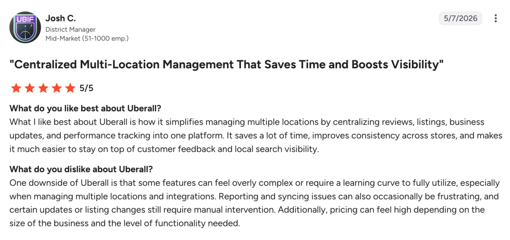 Five-star Uberall review praising centralized management while noting complexity, syncing issues, and high pricing.