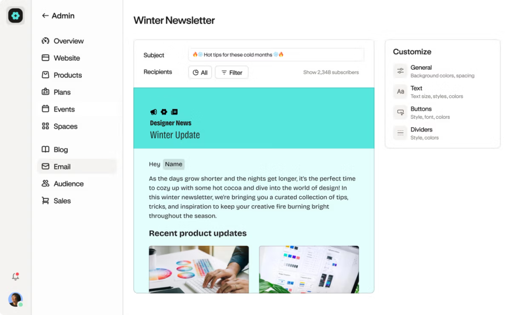 Podia email editor displaying a winter newsletter with customization controls and audience settings.