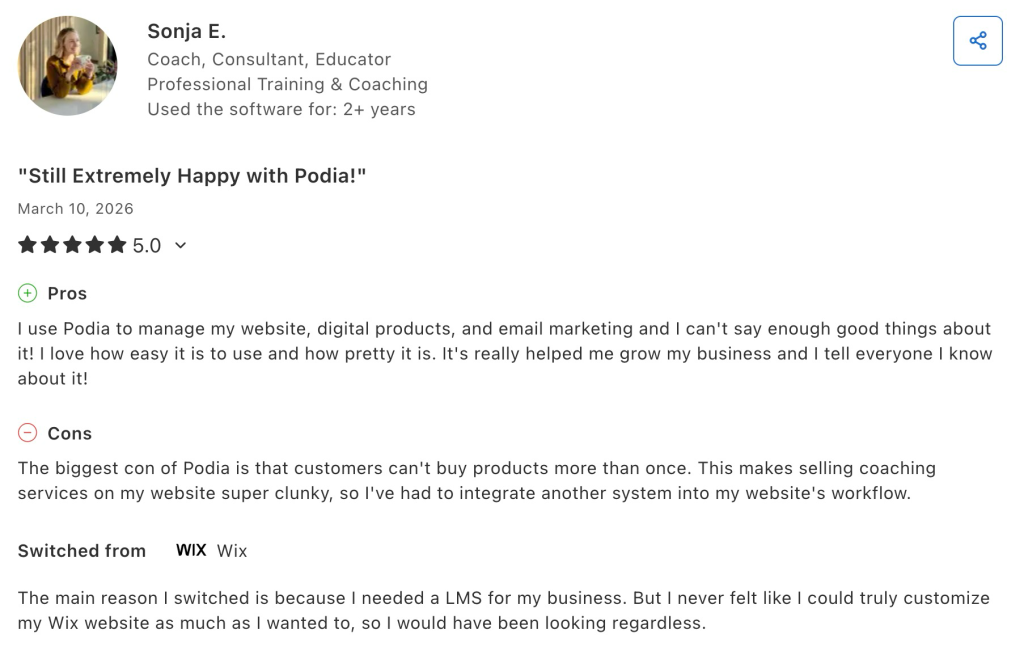 Five-star Podia review praising ease of use while criticizing repeat purchase limitations.