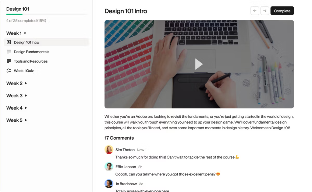 Online course dashboard showing design lessons, video content, progress tracking, and student comments.