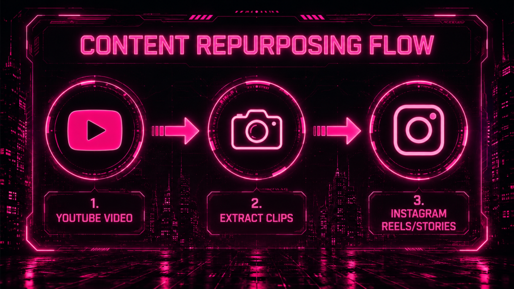 Cyberpunk infographic illustrating a content repurposing workflow from a YouTube video to extracted clips and Instagram Reels or Stories using neon pink icons and arrows.