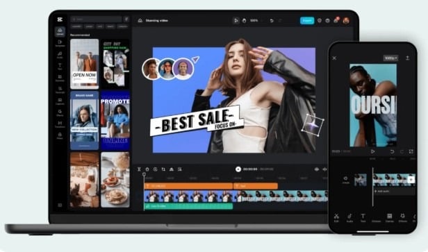 Video editor open on a laptop and smartphone, showing a "Best Sale" promo edit with a timeline below.