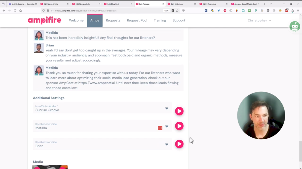 AmpCast AI podcast editor showing voice selection options with different accents and speaking styles for each podcast host.