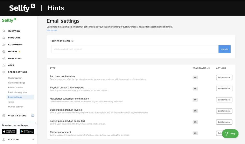 Sellfy email settings dashboard showing customizable automated email templates for store notifications.