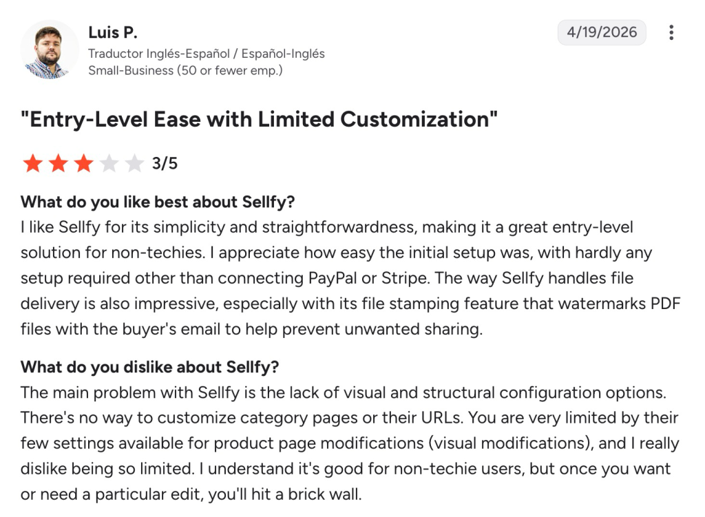 G2 review by Luis P. rating Sellfy 3 out of 5 for limited customization despite easy setup.