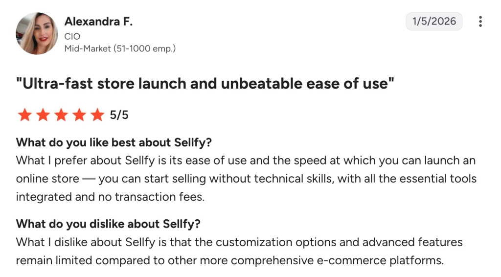 Five-star Sellfy review from Alexandra F. praising ultra-fast store launch and ease of use.