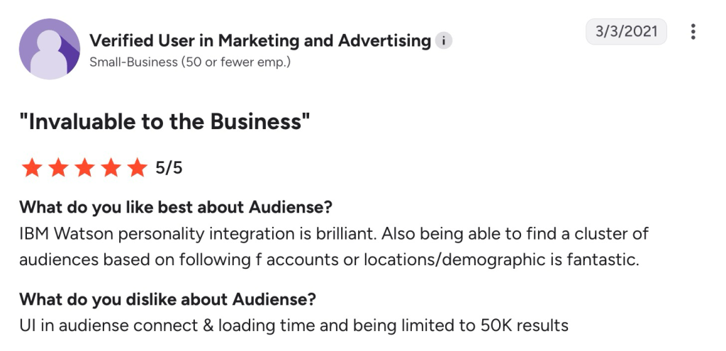 Five-star G2 review titled "Invaluable to the Business" praising Audiense's audience clustering and IBM Watson integration.