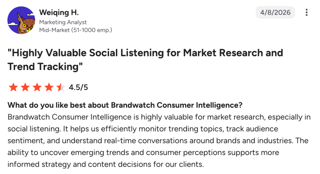 A 4.5-star G2 review highlighting how Brandwatch can aid with market research