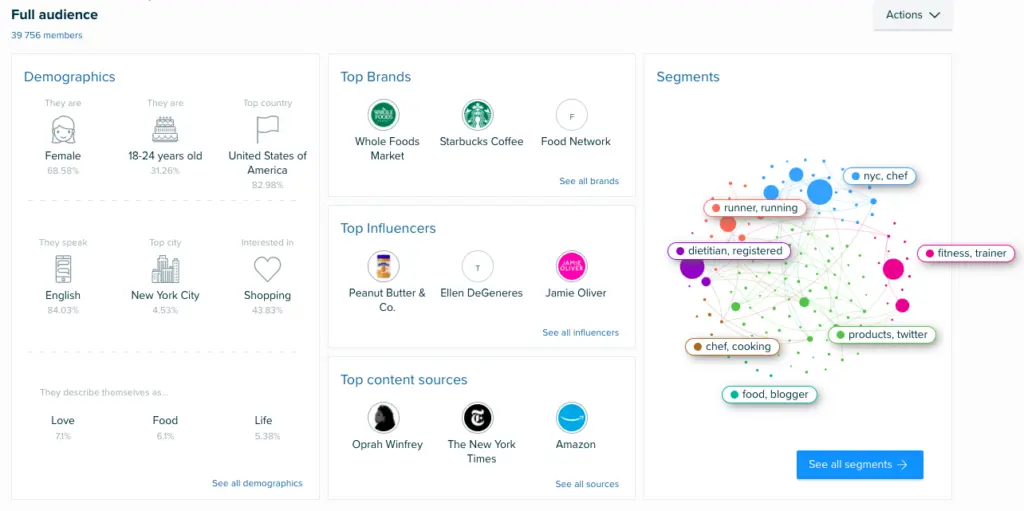 Audiense Discover dashboard showing audience demographics, top brands, influencers, content sources, and segment clusters.