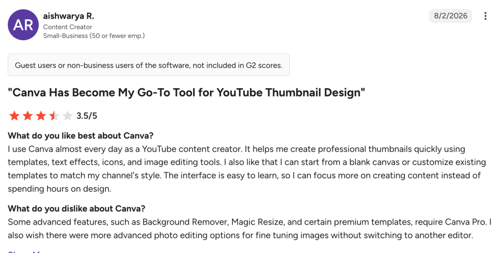 G2 review from Aishwarya R. rating Canva 3.5/5 for YouTube thumbnail design with pros and cons.