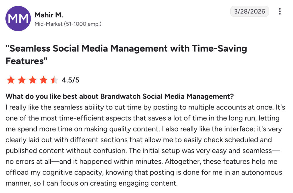 A 4.5-star G2 review highlighting Brandwatch’s smooth social media management features