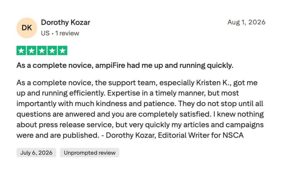 Five-star Trustpilot review from Dorothy Kozar praising AmpiFire's support team and quick onboarding experience.