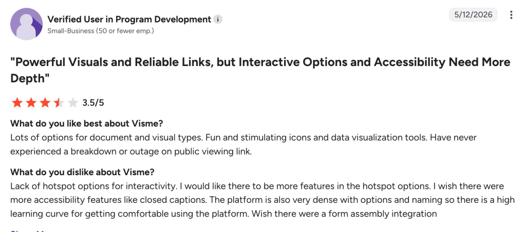 G2 review giving Visme 3.5 out of 5 stars, praising visuals but citing limited interactivity and accessibility.