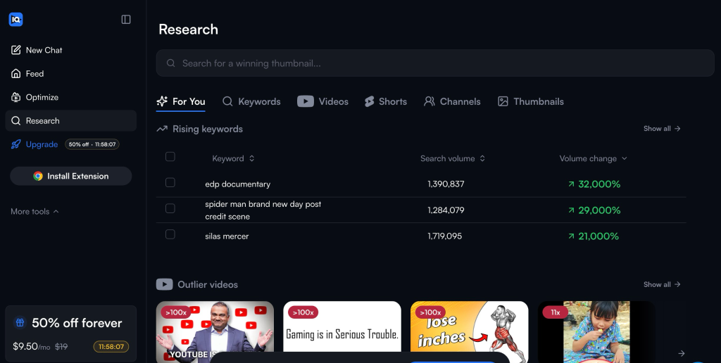 vidIQ Research dashboard displaying rising keywords with search volume and volume change percentages.
