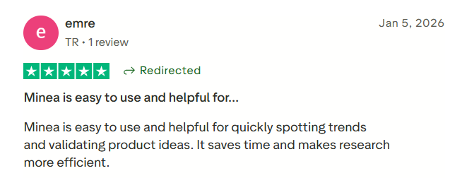 Trustpilot 5-star Minea review describing the platform as easy to use and helpful for product research.