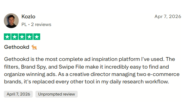Trustpilot 5-star review from a creative director praising GetHookd's filters, Brand Spy, and Swipe File for finding and organizing winning ads.
