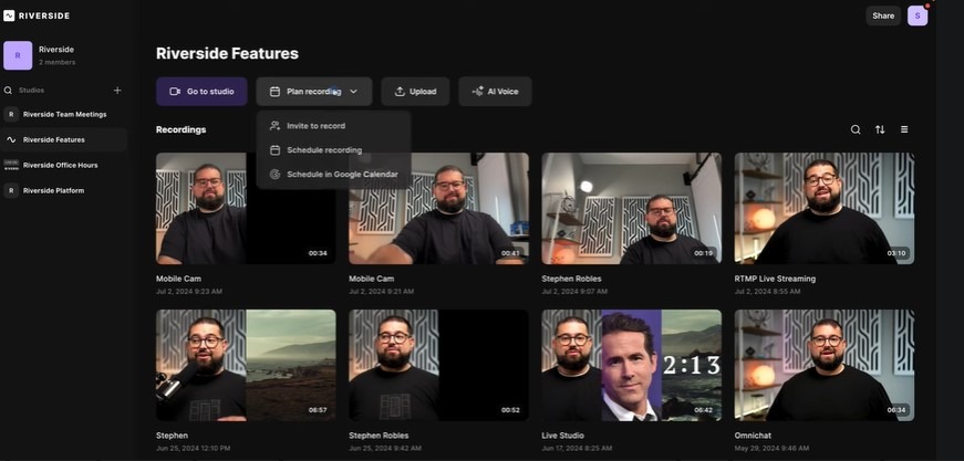 Riverside dashboard displaying a grid of recorded video sessions with timestamps and a dropdown menu for planning recordings.