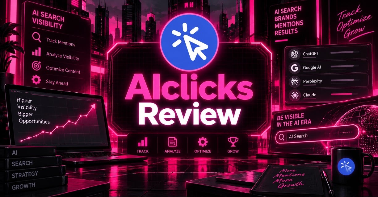 AIclicks logo on neon pink dashboard graphics with the words Pricing Reviews