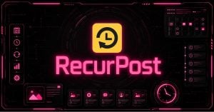 Cyberpunk RecurPost social media scheduling platform with neon pink dashboard