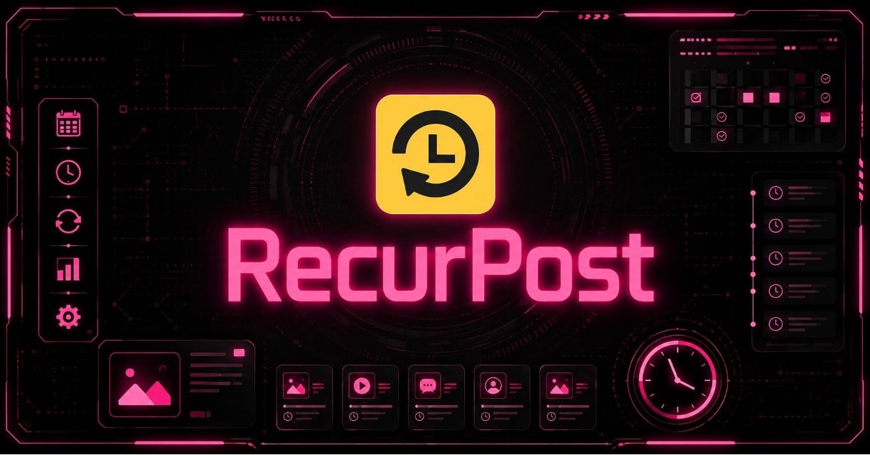 Cyberpunk RecurPost social media scheduling platform with neon pink dashboard