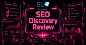 Cyberpunk SEO Discovery logo displayed on neon digital marketing interface