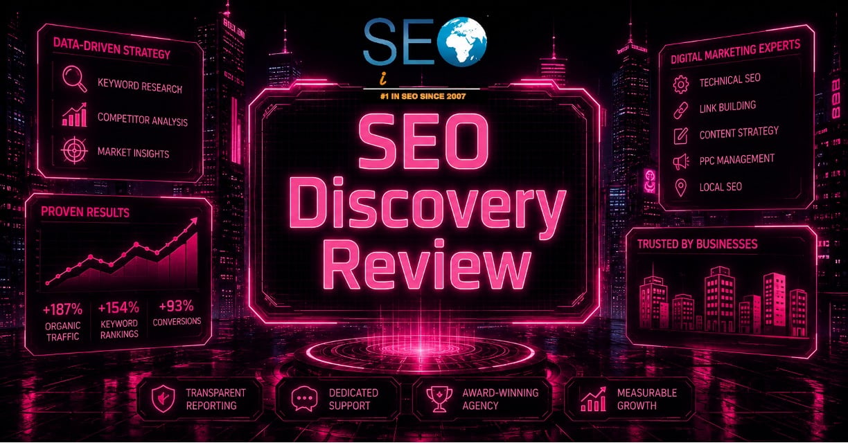 Cyberpunk SEO Discovery logo displayed on neon digital marketing interface