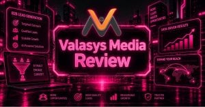 Cyberpunk Valasys Media logo with neon lead generation interface background