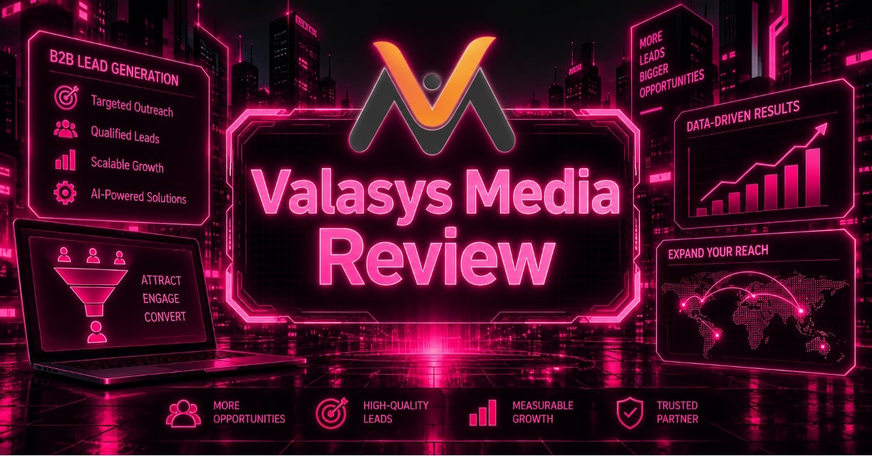 Cyberpunk Valasys Media logo with neon lead generation interface background
