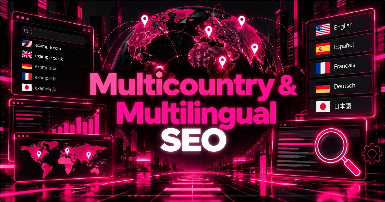 Cyberpunk-style graphic featuring a glowing global map, country domains, language options, and the text “Multicountry & Multilingual SEO.”