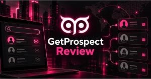 GetProspect Review graphic featuring a neon email finder interface, contact profiles, and B2B prospecting dashboard elements