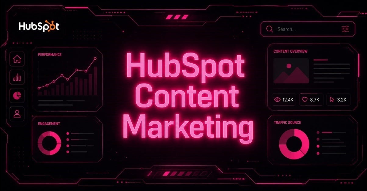 HubSpot Content Marketing hero graphic with the HubSpot logo, performance charts, and traffic source panels on a neon pink and black background