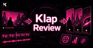 "Klap Review" graphic showing one widescreen video converted into three vertical clips with scoring, analytics, and tagging icons