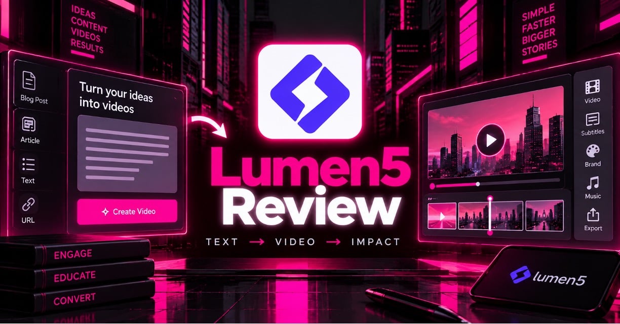 Lumen5 branded banner with the text 'Lumen5 Features & Pricing Plans' on a dark, circuit-themed background