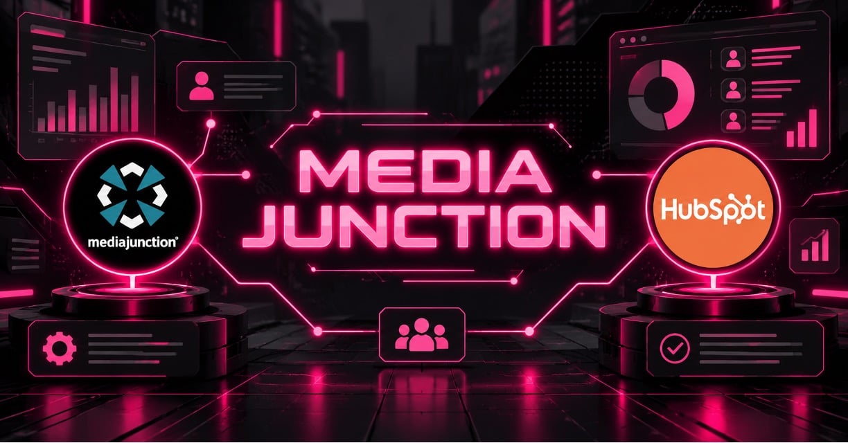 Media Junction and HubSpot logos linked by neon circuitry, representing HubSpot implementation agency reviews and pricing