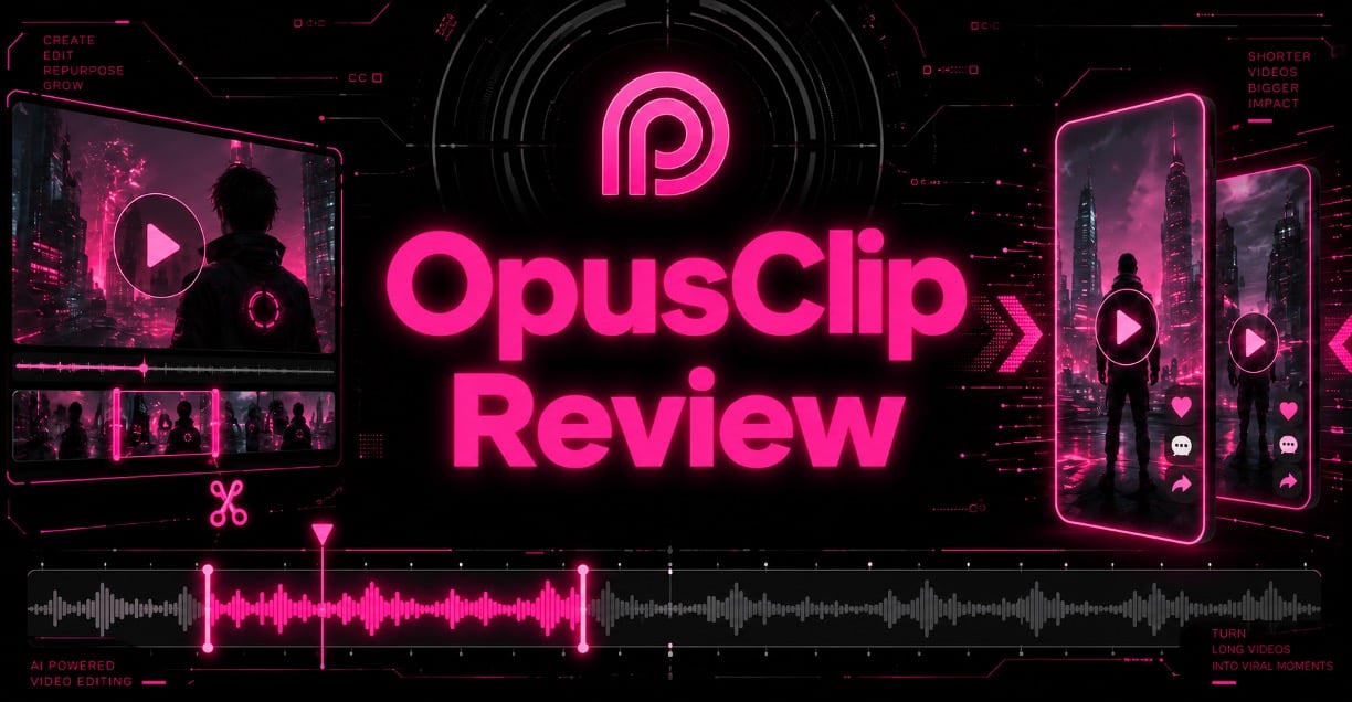 “OpusClip Pricing” neon-styled banner showing a long video being clipped and reformatted into vertical mobile shorts via AI