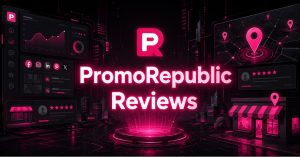 PromoRepublic Reviews title over neon dashboard, social icons, map pins, and storefronts in dark cityscape