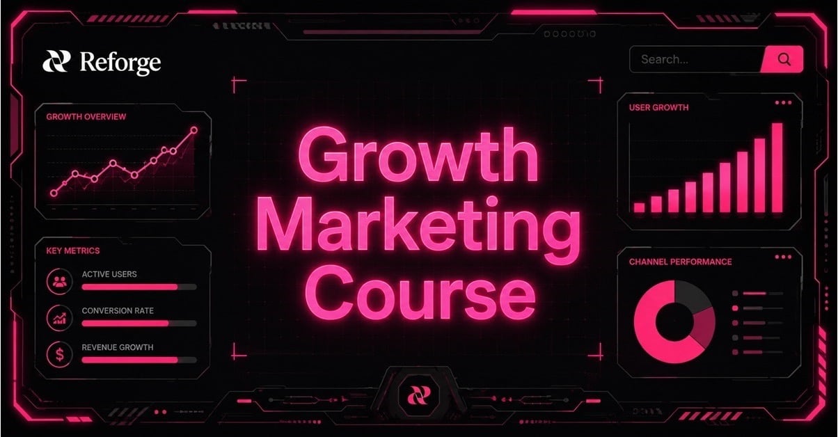 Reforge Growth Marketing Course title graphic with the Reforge logo, growth charts, key metrics panels, and channel performance data