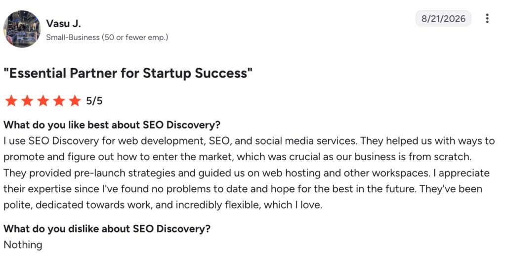 Review highlighting SEO Discovery’s help with web development, SEO, and social media