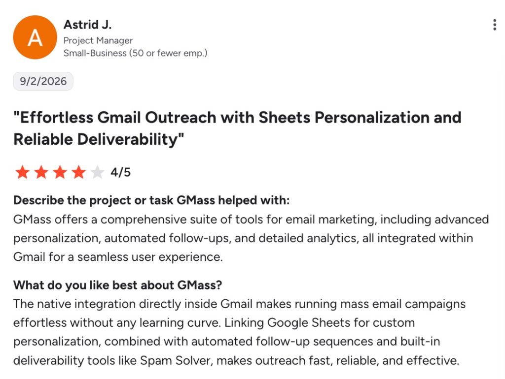 Review noting how GMass helped with mass email campaigns